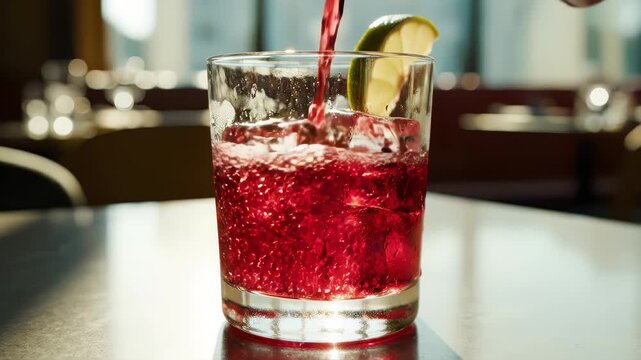 fresh red drink pouring into a cocktail glass with ice cubes on a gray sunny restaurant tabletop, slow motion, zoom in