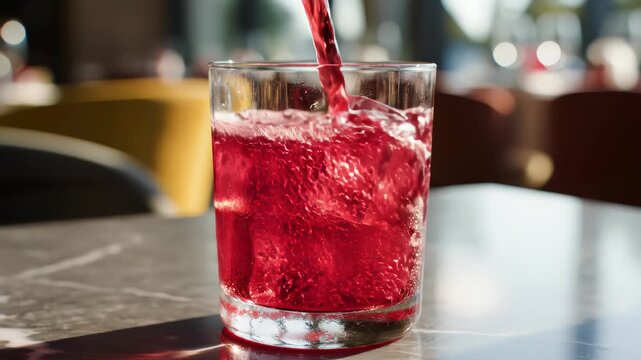 fresh red drink pouring into a cocktail glass with ice cubes on a gray sunny restaurant tabletop, slow motion, zoom in