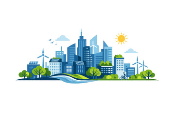 Fototapeta premium View of a modern city with wind turbines and solar panels on buildings near a river while a person rides a bicycle