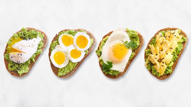 Assortment of avocado egg toasts on sourdough bread. Stop motion loop video on a white stone background. Poached, boiled, fried and scrambled.