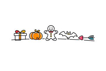 Fototapeta premium Festive elements for fall celebrations including a gift, pumpkin, gingerbread man, bat, and arrow on a white background