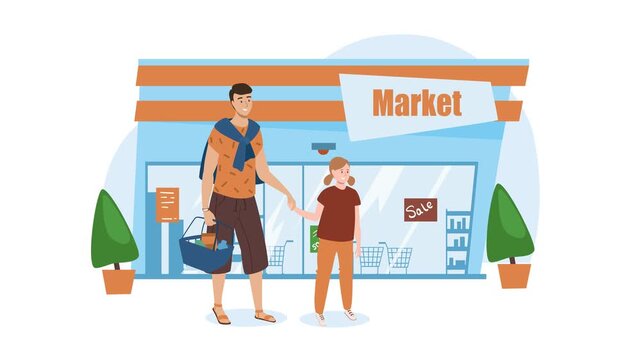 Animated man and girl shopping together at a market storefront