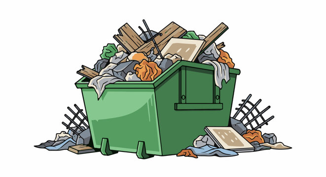 Overflowing green dumpster filled with debris, wood, and debris