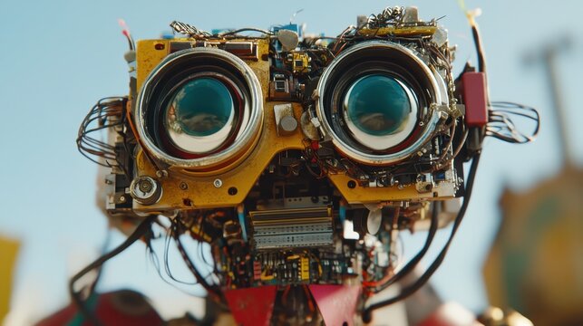Close-up of a Recycled Robot Made From Outdated Electronic and Computer Parts