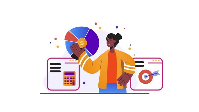 Animated woman presenting financial analytics with dashboard and pie chart