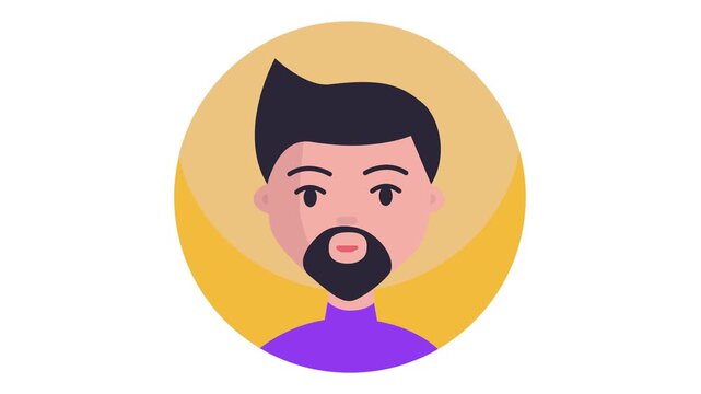 Flat vector animated bearded male avatar on yellow circle background