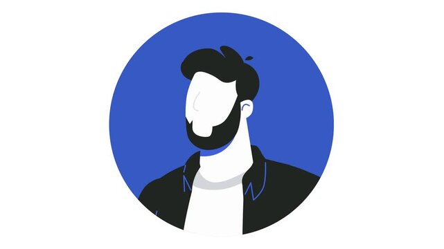 Animated bearded man avatar in blue circle flat vector portrait