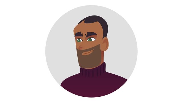 Animated smiling bearded man avatar in purple sweater on circular background