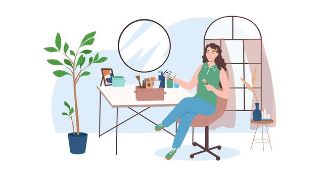 Woman applying makeup at vanity in cozy beauty room illustration