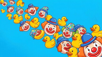 Fototapeta premium Concept April Fools Day, World Laughter Day. Playful absurd toys. Chaotic collection of colorful rubber ducks and clown figures floating in a blue sky, for humor and prank