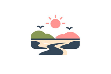 Fototapeta premium Colorful landscape scene with sun, mountains, birds, river, and sky in a simple design