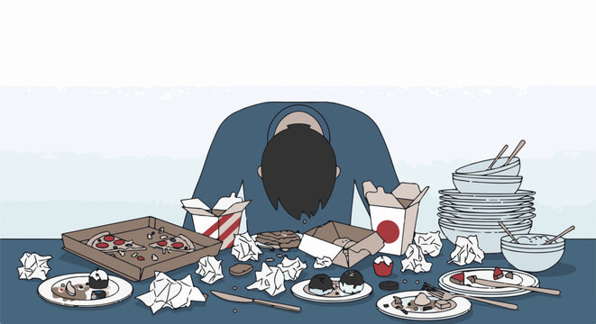 Person hunched over messy table filled with takeout containers, discarded food, and dirty dishes