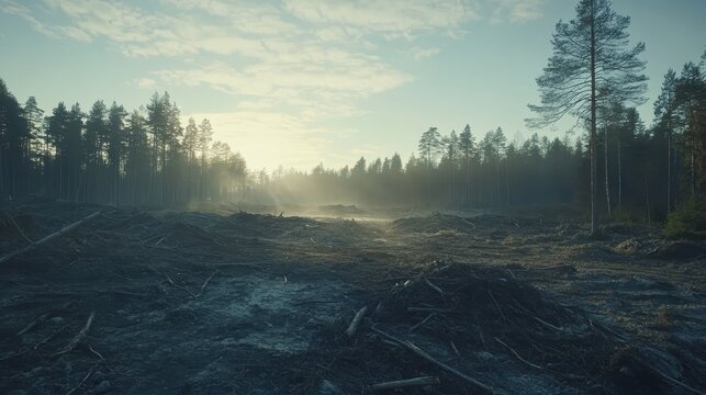Devastated Forest Landscape with Felled Trees and Cleared Ground in an Active Logging Zone