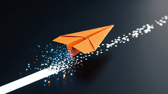 Orange paper plane innovation strategic decision pathway concept over dark background with glowing pixel trail symbol of leadership success direction progress vision and future focus
