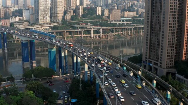 Aerial View of Yuao Bridge Traffic and Light Rail in Chongqing