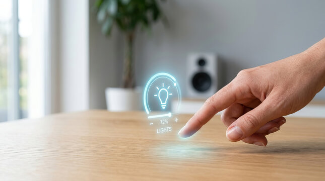Smart home technology concept with hand adjusting light brightness on wooden table, modern interior background, innovation and convenience