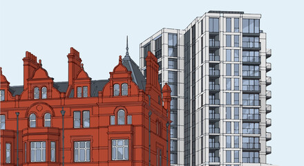 Obraz premium Old red building with ornate details stands next to a modern white high-rise