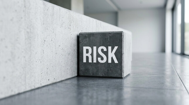 Risk concept with concrete block on floor near wall in modern office space, symbolizing danger or challenge in business or life