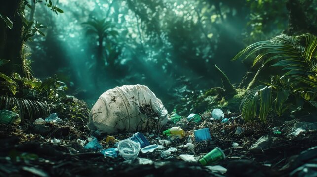 Pollution and discarded waste marring a lush forest habitat with a stark environmental message.
