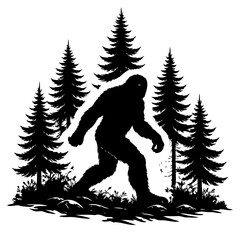 Fototapeta premium Bigfoot walking through forest, silhouette of mythical creature