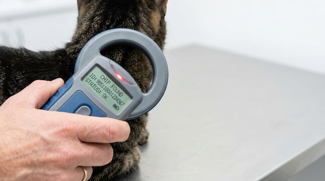 Veterinary diagnostic device is used to scan cat for microchip identification in clinical setting providing accurate and quick results for pet care