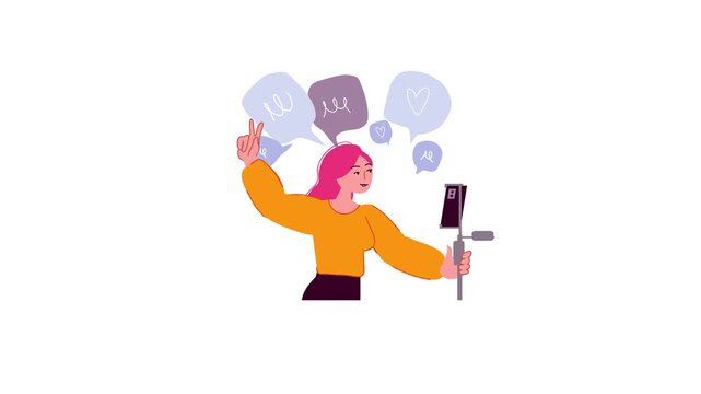 Flat vector animation of woman taking selfie with speech bubbles