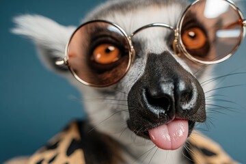 Naklejka premium Lemur wearing sunglasses poses for a close-up shot in a studio