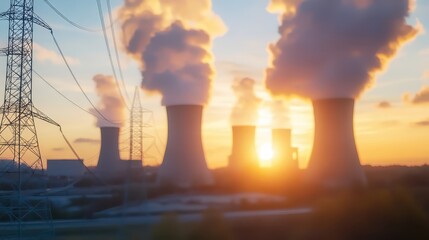 Fototapeta premium Industrial power station cooling towers emitting large plumes of steam into the sky at sunrise
