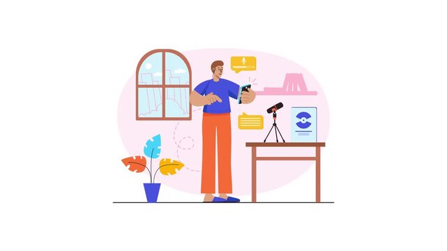 Animated podcaster recording voice content in modern home studio