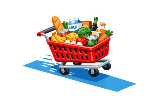 Shopping cart with groceries rolling on a surface, showing food items like fruits and drinks inside the cart