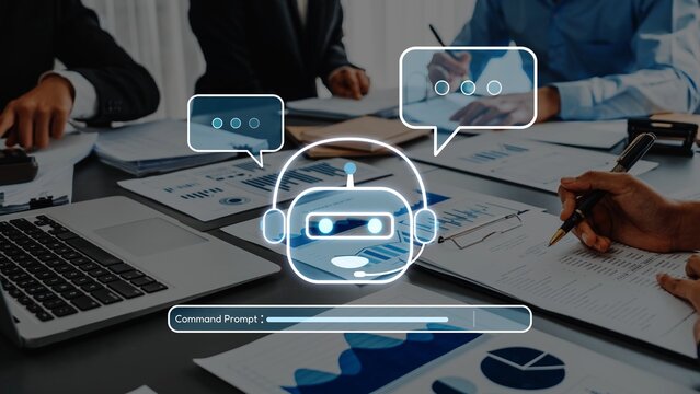 Business professionals engage in a collaborative setting focused on data analysis and AI discussions. An abstract chatbot illustration enhances the modern atmosphere. Raster