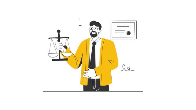 Animated lawyer holding scales of justice beside legal certificate
