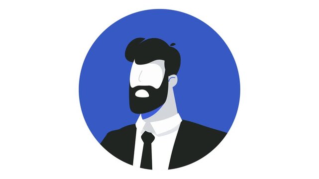 Animated bearded businessman portrait in blue circular profile icon