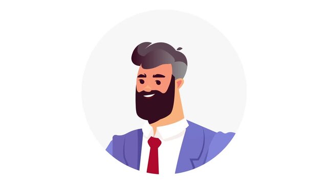 Animated bearded businessman avatar in suit and tie portrait illustration