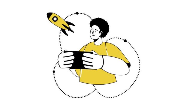 Animated gamer holding controller with rocket launch concept illustration