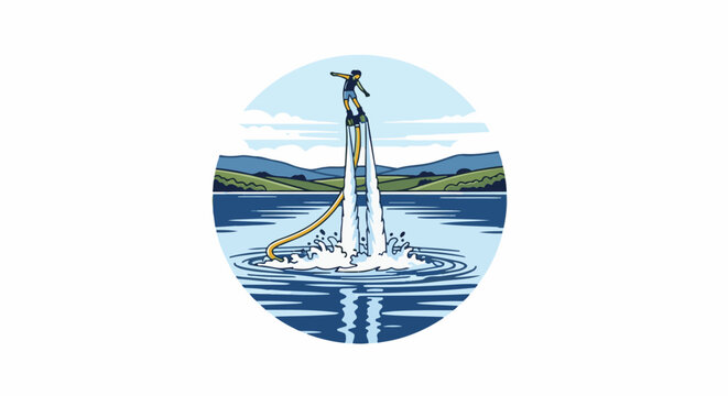Person soaring above lake on water jet device with mountainous backdrop