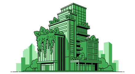 Vibrant green city skyline with modern high-rise buildings and integrated plants, representing sustainable urban development, on a bright background. © Umi