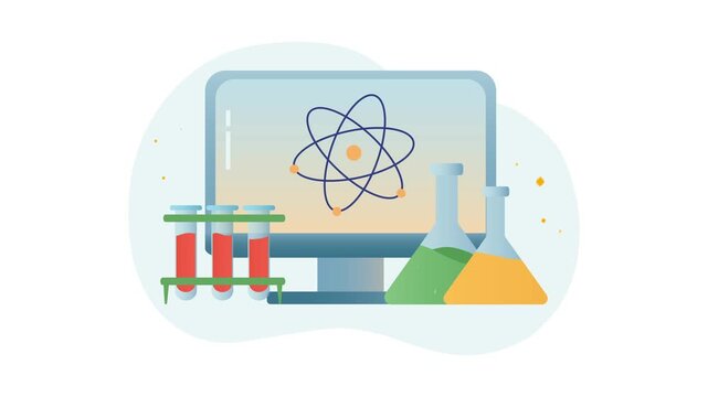 Science lab animation with atom screen, test tubes and chemistry flasks