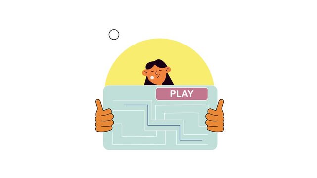 Flat animation of smiling woman holding maze game board with play button