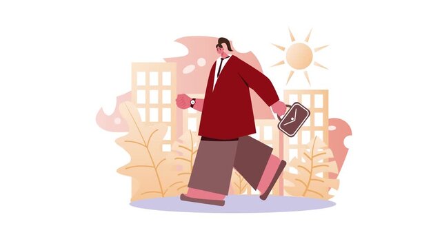 Animated businesswoman walking through city with briefcase and sun