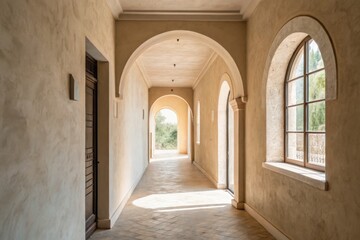 Fototapeta premium Minimal hallway interior with arches and natural sunlight