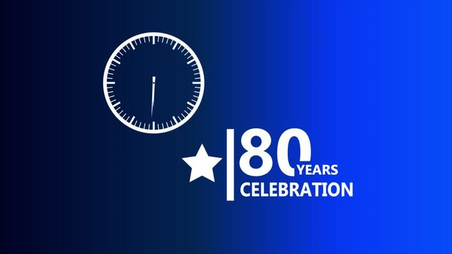 80 years celebration blue gradient badge with clock icon and star symbol representing corporate milestone achievement clean modern professional branding design 4k animation video