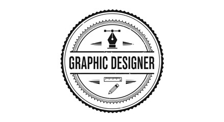 Obraz premium Graphic Designer Professional Badge Logo with Pen Tool and Ruler Icons, Creative Occupation Concept on isolated white background.