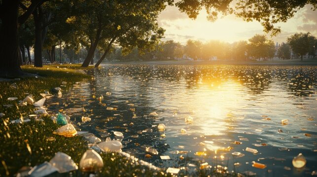 Plastic pollution gathers along the sunny banks of a suburban lake, highlighting environmental degradation