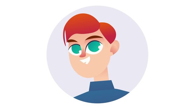 Smiling red-haired cartoon boy avatar in blue shirt, round frame