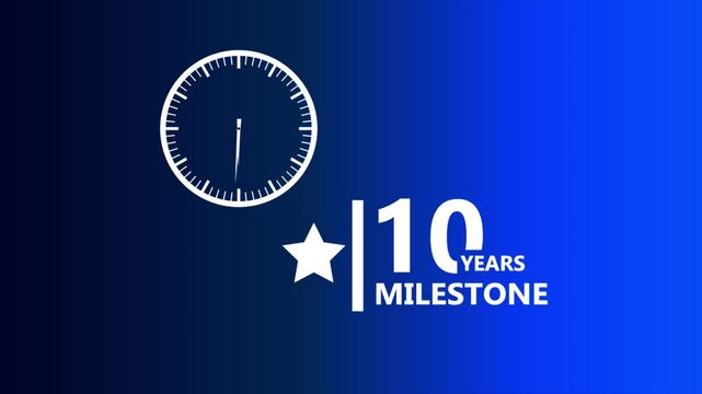 10 years celebration blue gradient badge with clock icon and star symbol representing corporate milestone achievement clean modern professional branding design 4k visuals