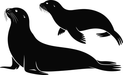Seal silhouette vector collection, black marine animal icons isolated on white background for design © RENYRANI