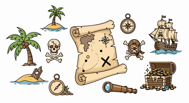 Pirate treasure map, ship, chest, islands, skull, and compass set