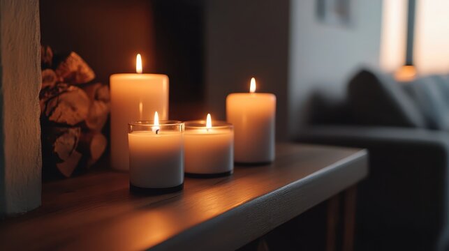 Glowing Christmas Candles on a Wooden Mantel Creating a Warm and Cozy Holiday Ambiance