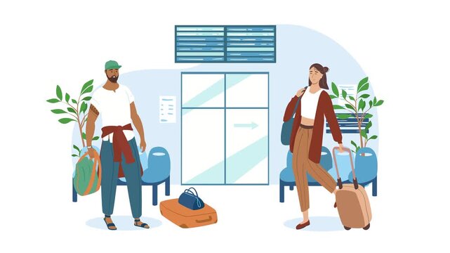 Travelers with luggage waiting in airport terminal flat vector animation